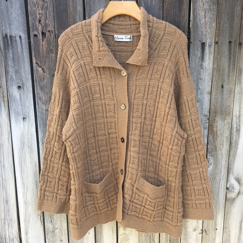 Marion Foale Handknit Wool Cardigan Camel Tan XL